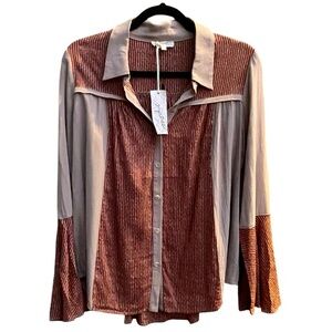 Mystree Boho Bell Sleeve Button Down Blouse Striped Contrast Panels Flowy S